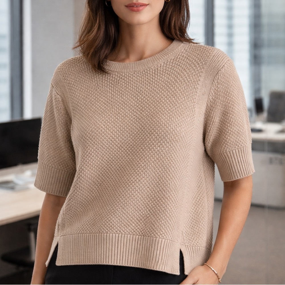 Banana Republic Textured Short-Sleeve Crew Sweater in Beige
